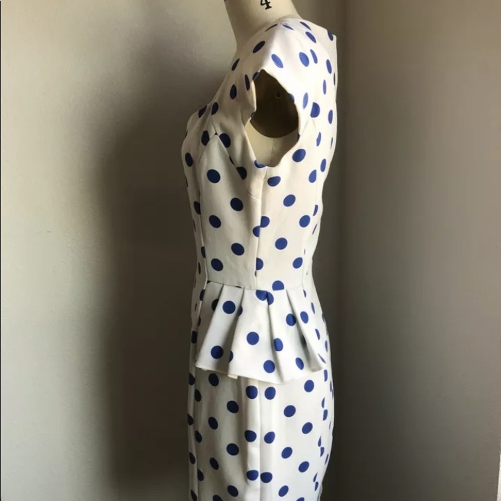 Betsey Johnson ivory and blue polka dot peplum drs - Picture 3 of 7